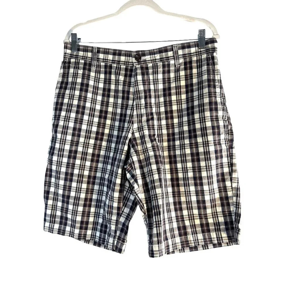 Dockers Mens Shorts Chino Flat Front Plaid Black/White/Red Size 32